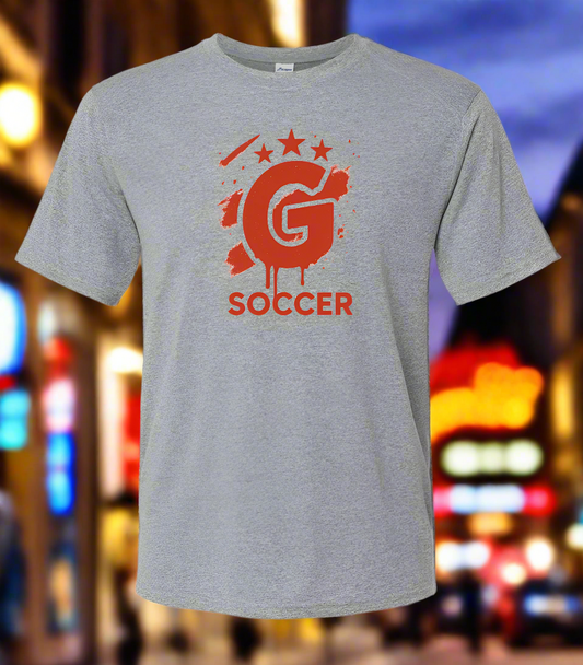 Gray t-shirt with red 'G' logo and 'Soccer' text on a white background