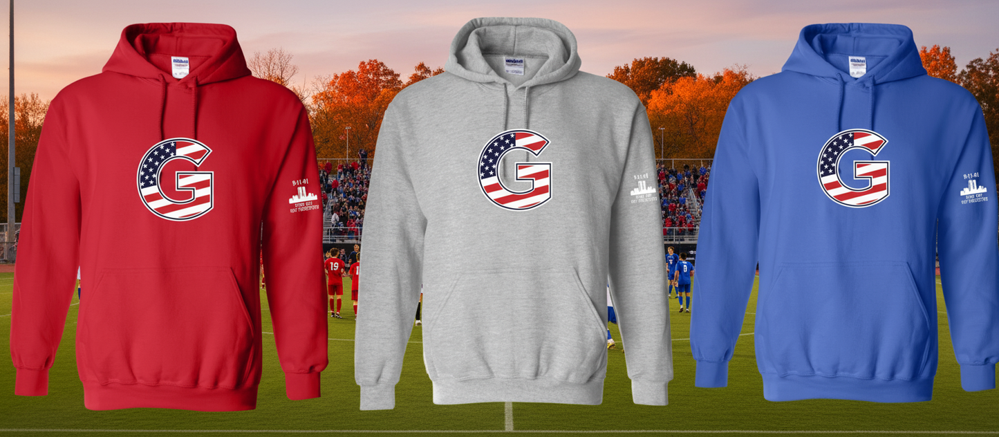 Three hoodies in red, gray, and blue with a logo on a white background