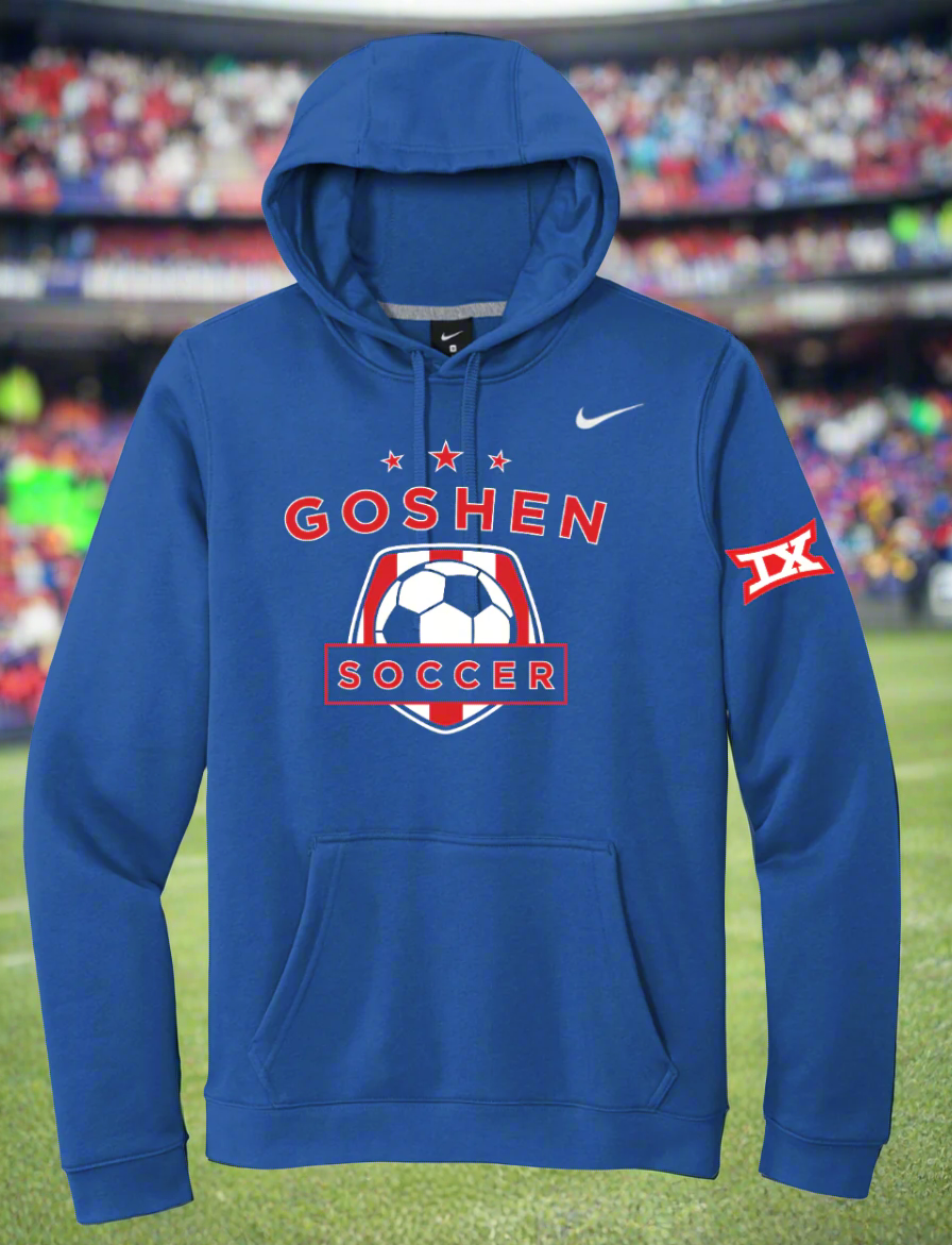 A blue Nike pullover hoodie with a Goshen Soccer emblem on the front, featuring a hood, drawstrings, and a front pouch pocket.