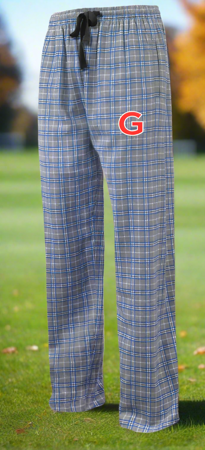 Plaid pajama pants with a logo on a white background