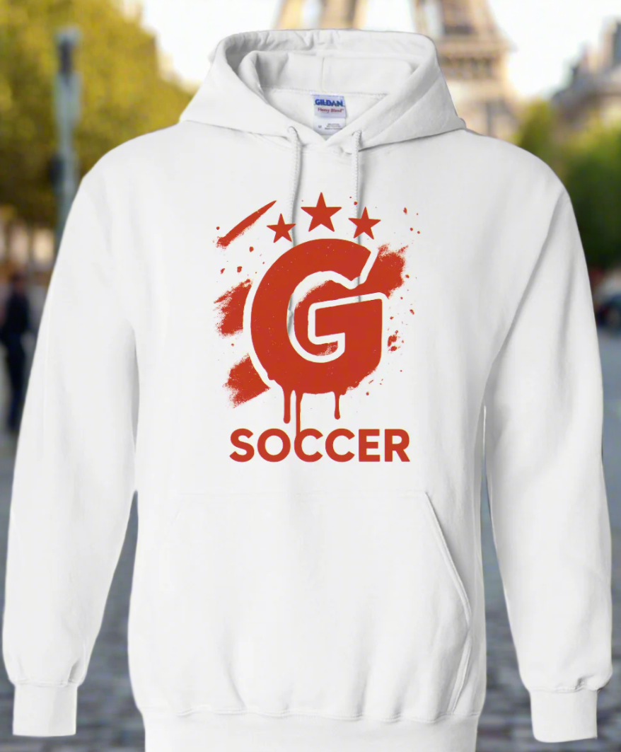 White hoodie with red 'G Soccer' logo on a white background