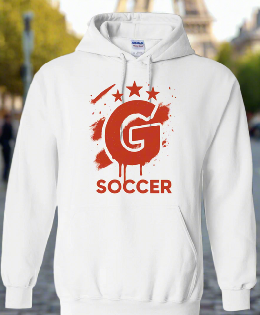 White hoodie with red 'G Soccer' logo on a white background