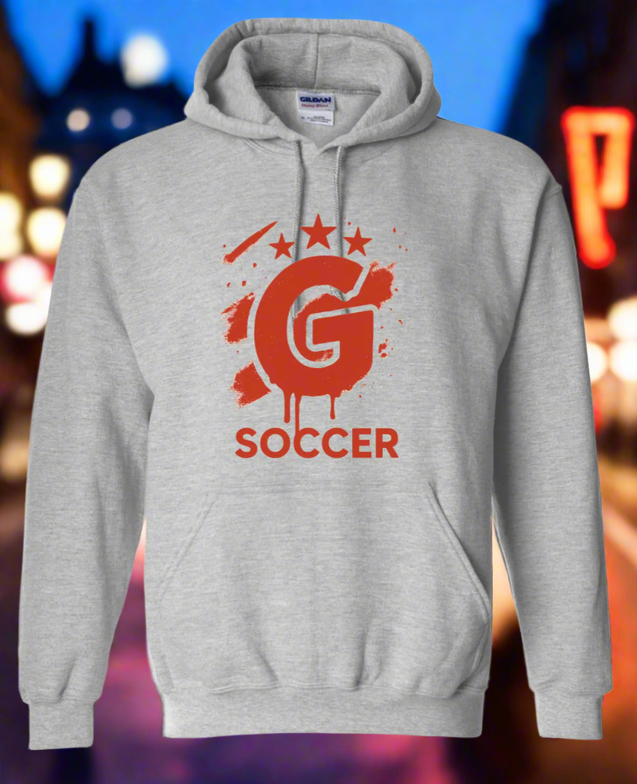 Gray hoodie with red 'G Soccer' logo on a white background