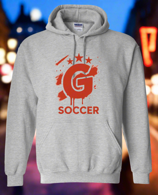 Gray hoodie with red 'G Soccer' logo on a white background