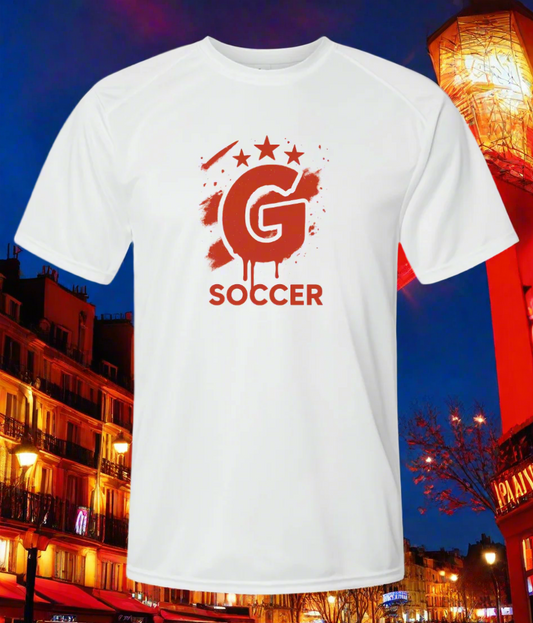 White t-shirt with red soccer graphic and 'G Soccer' text on a white background