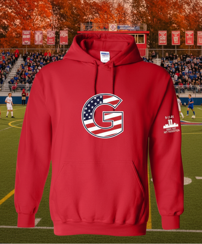 Red hoodie with a large 'G' logo featuring the American flag on a white background