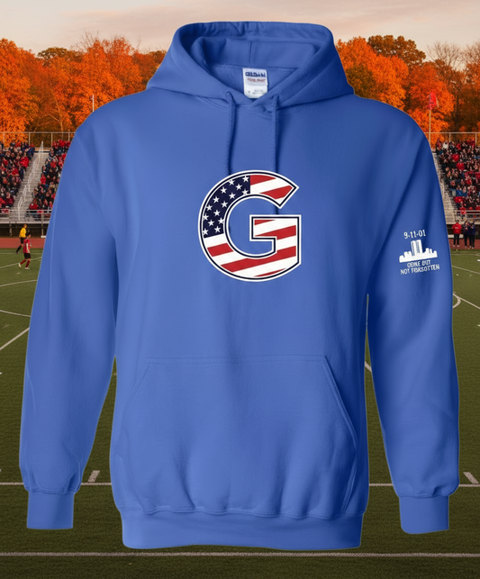 Blue hoodie with American flag design and text on a white background