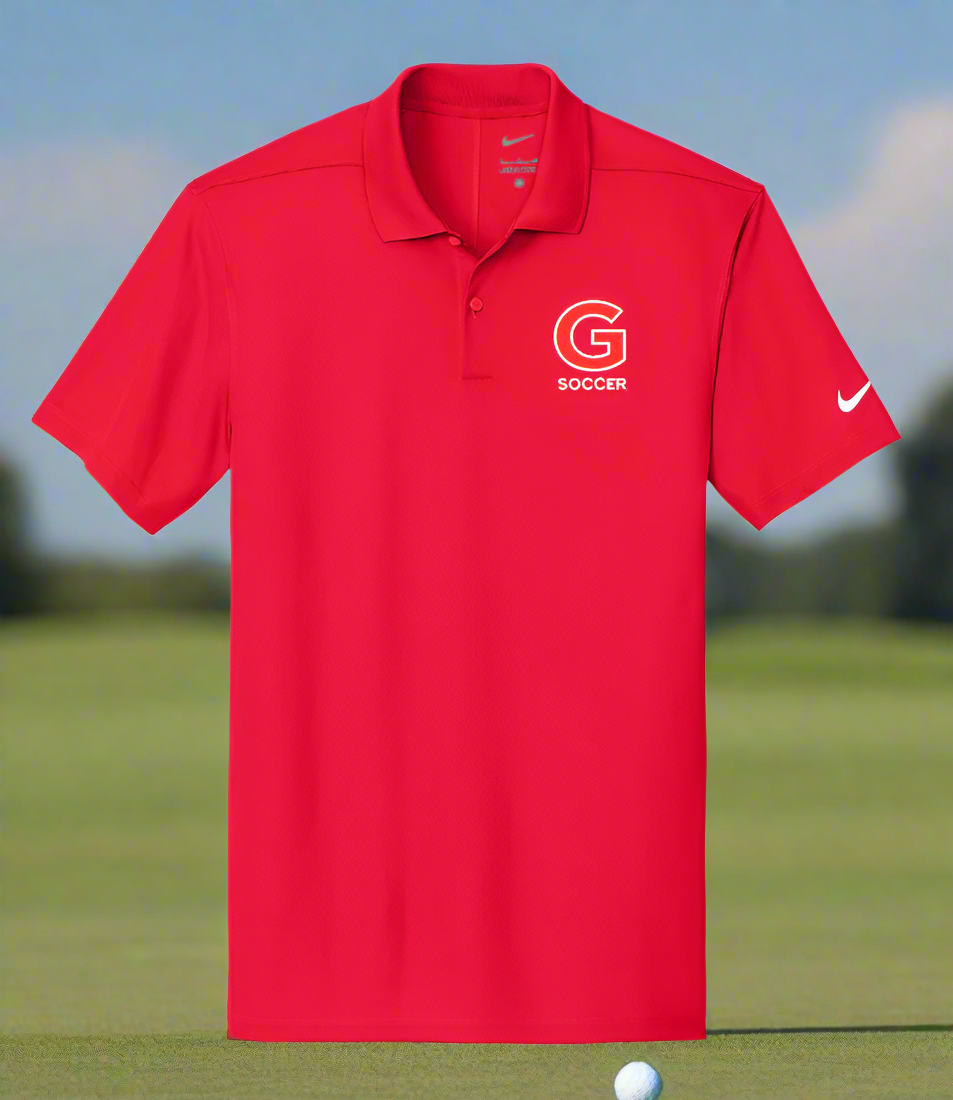 Red polo shirt with a logo on a white background