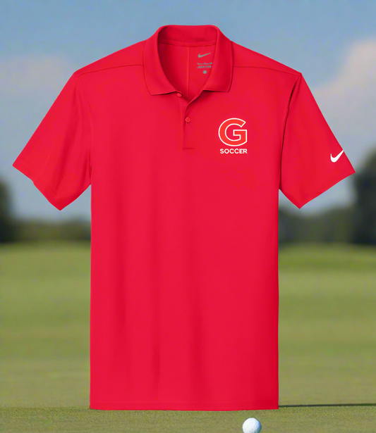 Red polo shirt with a logo on a white background