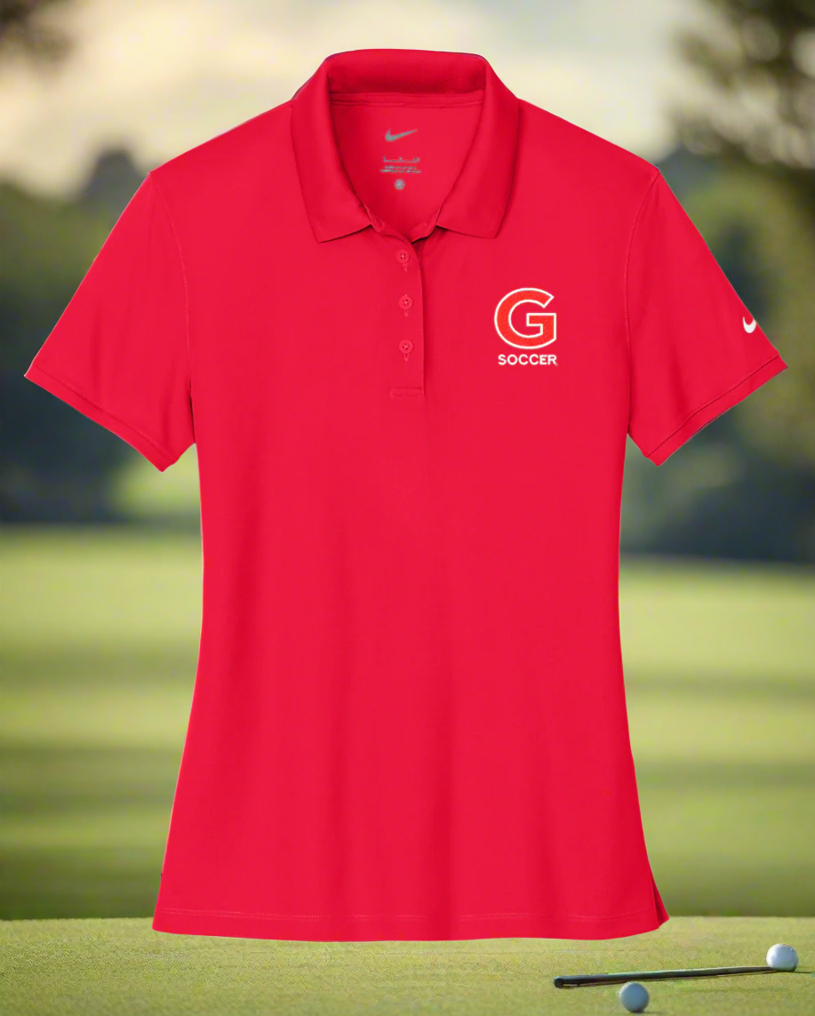 Red polo shirt with a logo on a white background