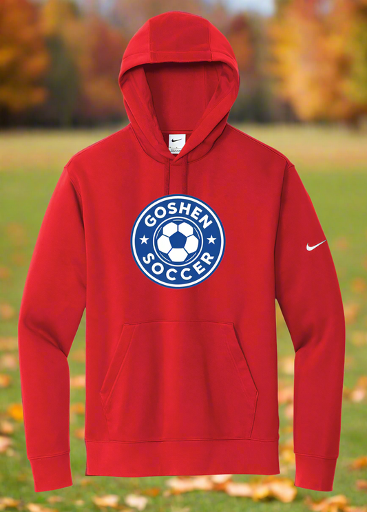 Red hoodie with Goshen Soccer logo on a white background