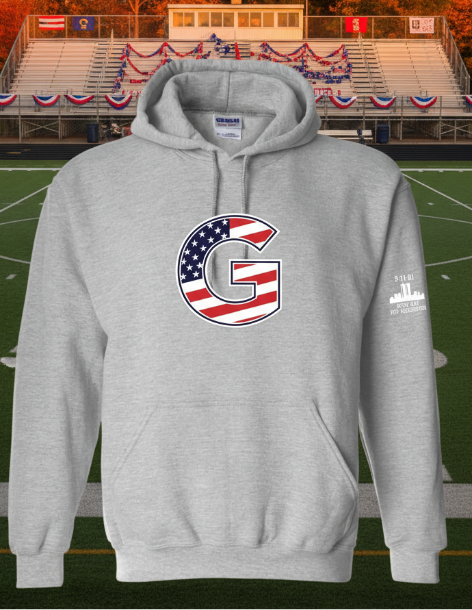 Gray hoodie with American flag design on chest and logo on sleeve against a white background
