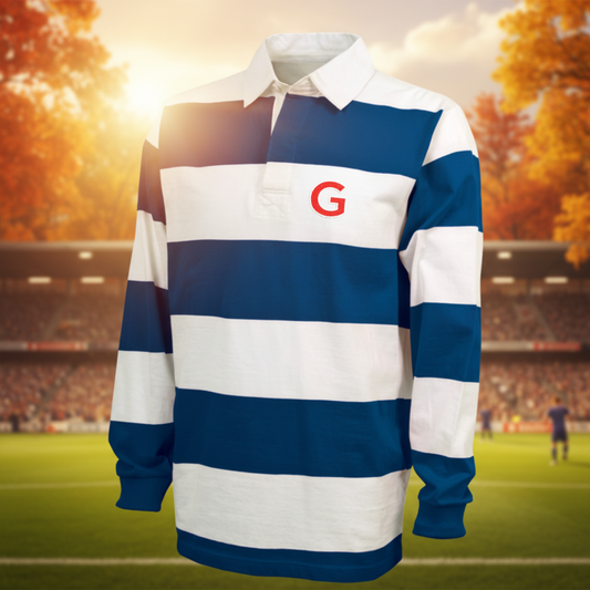 A long-sleeve rugby shirt with horizontal navy blue and white stripes, featuring a red block letter 'G' on the left chest, set against a plain white background.